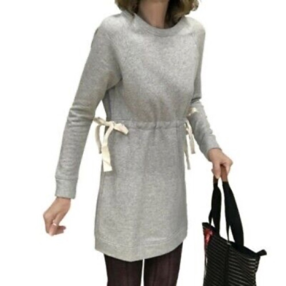 Athleta medium Gray Crew Neck Sweater dress with Cream Accent bows